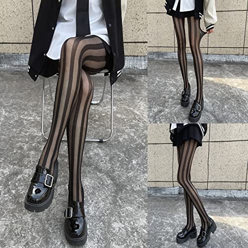 Women Sheer Pantyhose Black Striped Footed Tights Stockings2