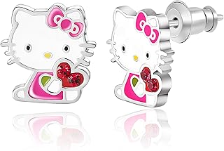 Sanrio Hello Kitty Womens Silver Plate Crystal Stud Earrings - Officially Licensed Hello Kitty Earrings - Hello Kitty Jewelry