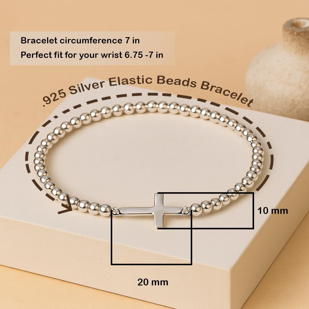 AeraVida Faithful Christian Cross .925 Sterling Silver Beaded Elastic Bracelet | 7-Inch Small Fit | Handmade Religious Symbolic Jewelry for Women - Image 3