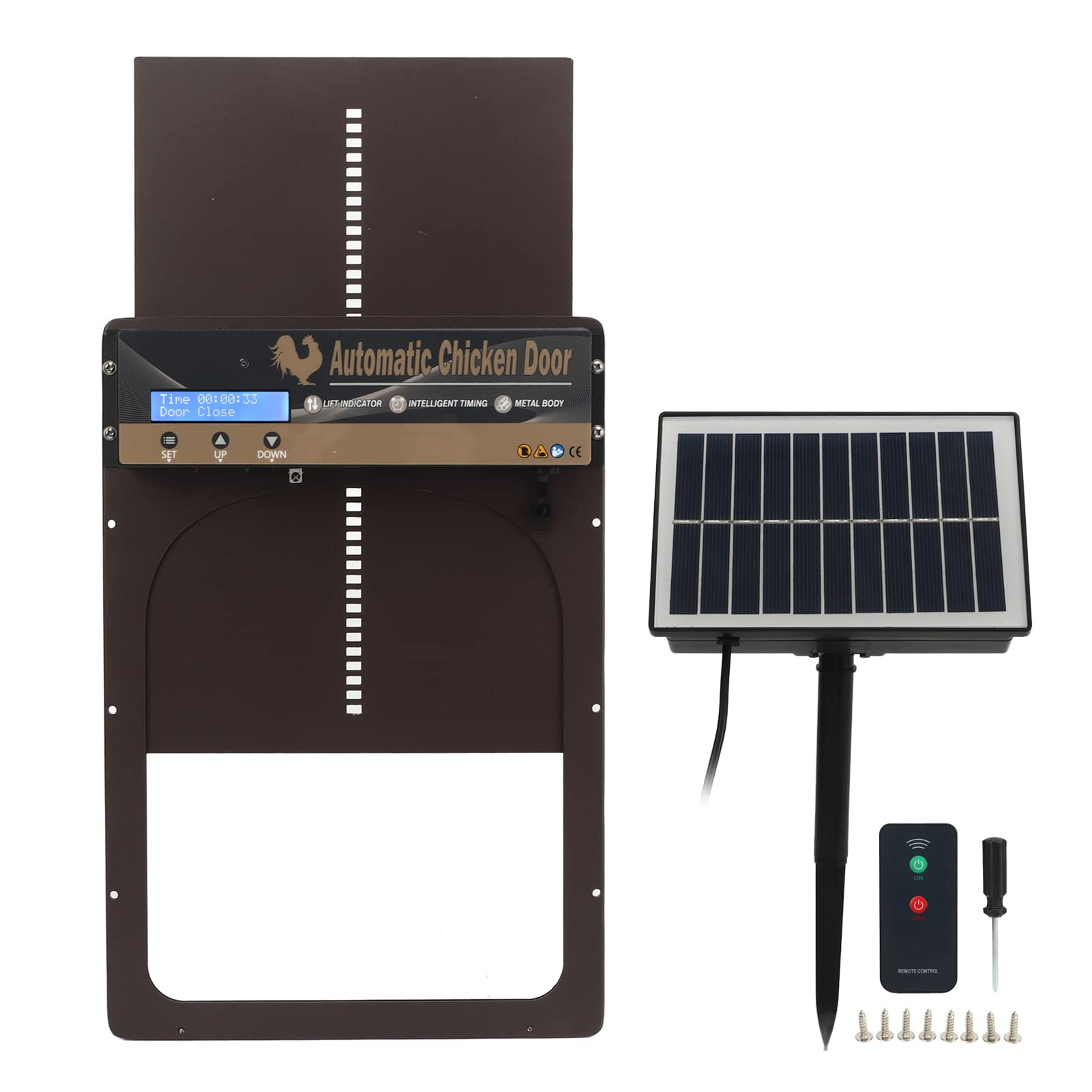 Porta Automatica per pollaio, Apertura ad energia Solare 3 in 1 con Timer, sensore di Luce, 2 Tipi di Alimentazione, Porta sicura per pollai e Anatre, Marrone