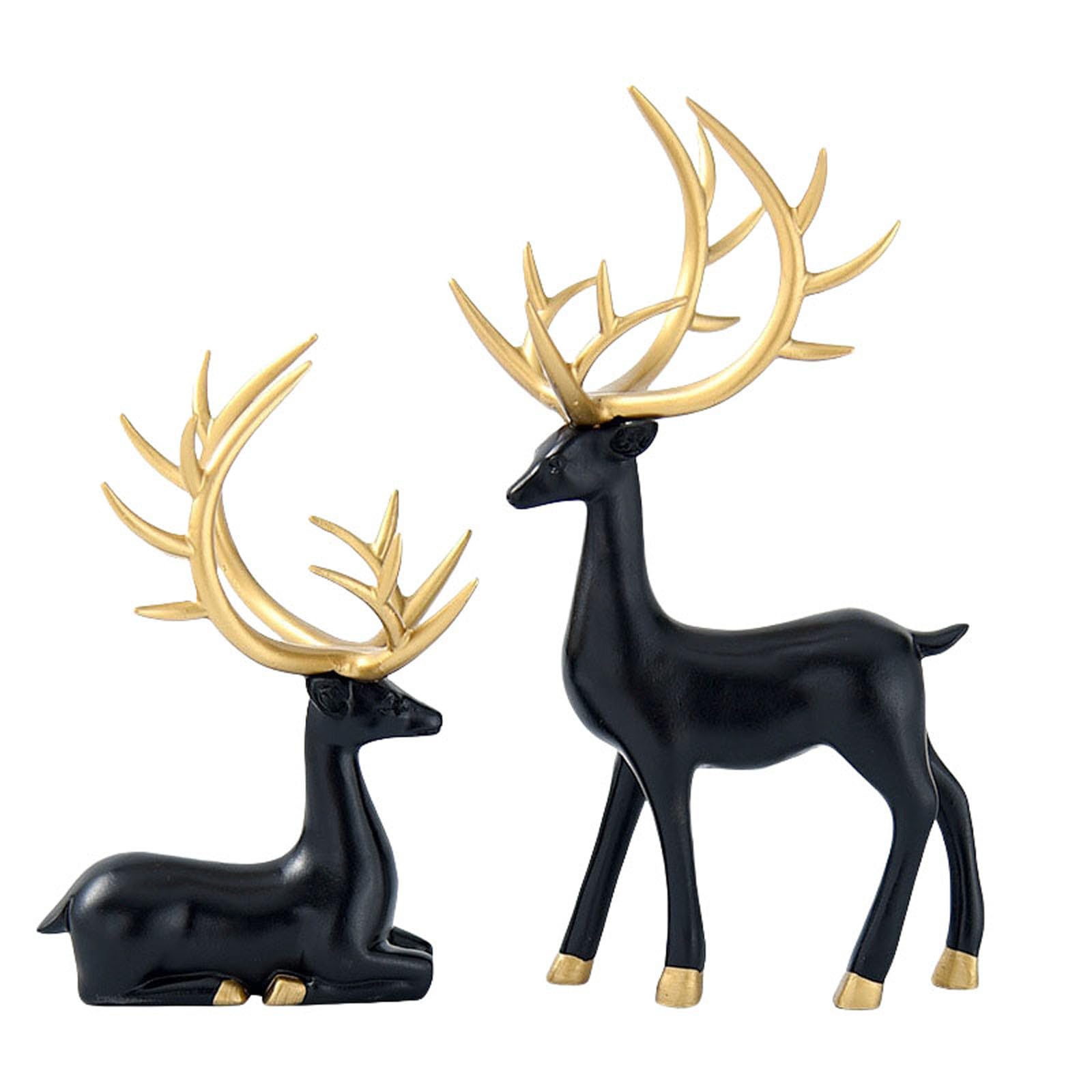 LSFYSZD 2pcs Reindeer Sculpture Resin Christmas Elk Statues Home Office Decorative Displays for Living Room, Bedroom, Bathroom, Bookshelf, Desktop, Cabinets (Gold Black Plain, One Size)