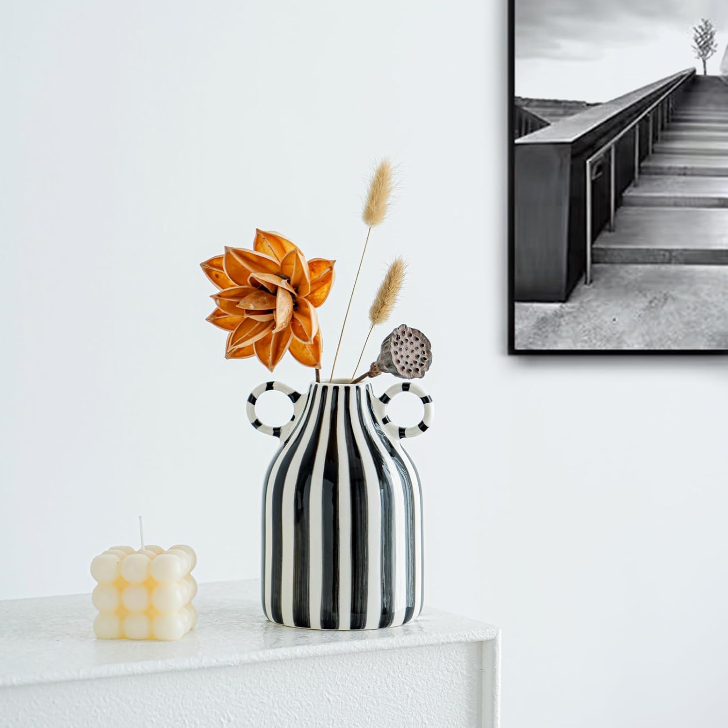 Black and White Ceramic Vase, Mid Century Modern Striped Small Vases for Flower&Pampas Grass Centerpiece, Black White Checkered Vase for Dining Table Kitchen Tabletop Minimalist Decorative - Image 4