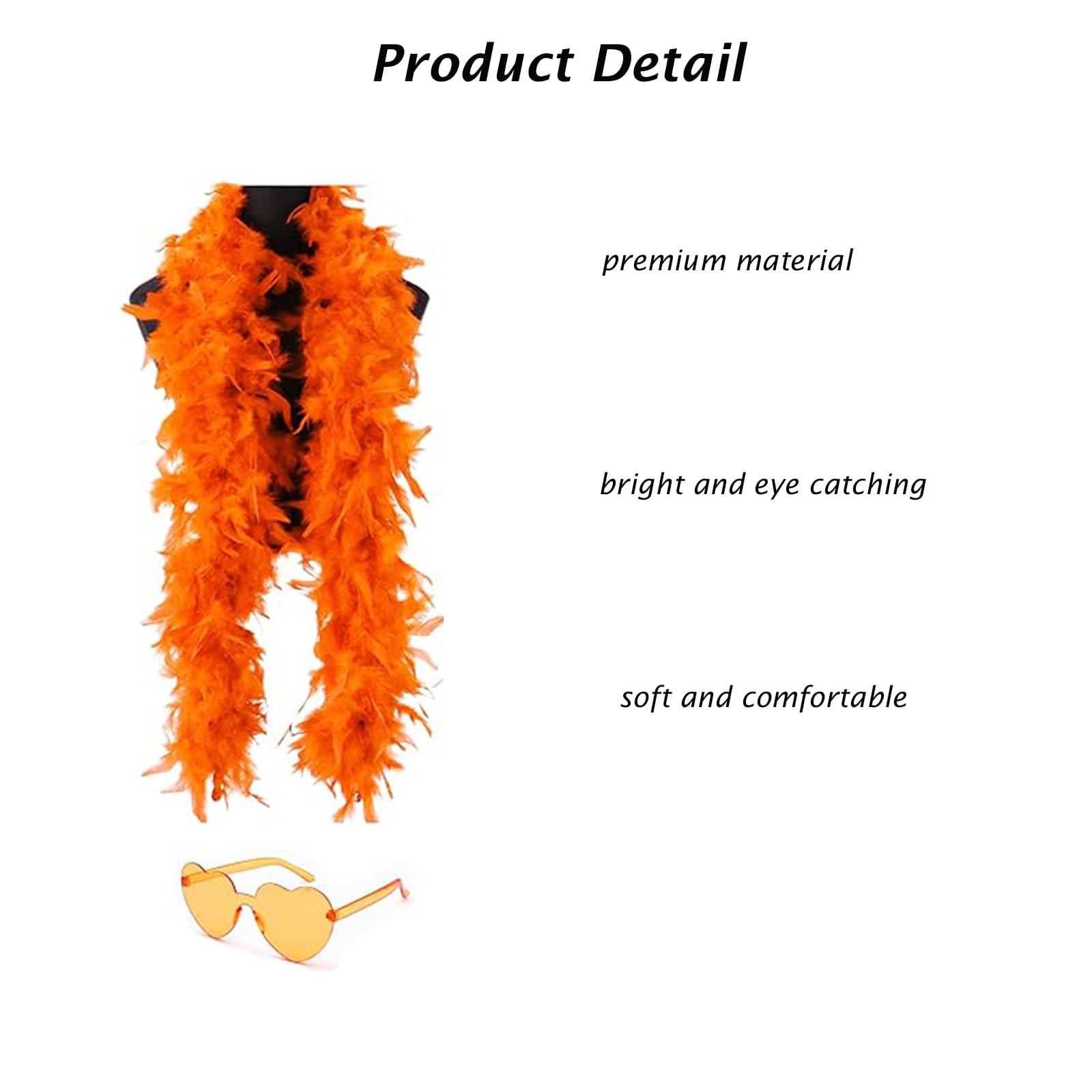 Feather Boa, 2m/6.6ft Natural Turkey Orange Feathers Boa And Orange Heart Sunglass - Image 3
