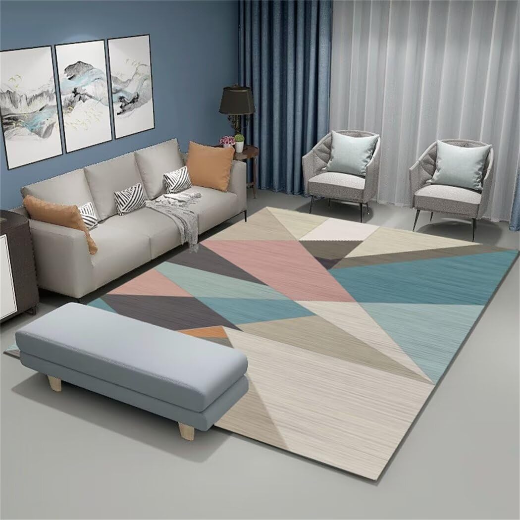 Tapis lavable en machine bleu 160x230cm à motif géométrique pour salon moderne