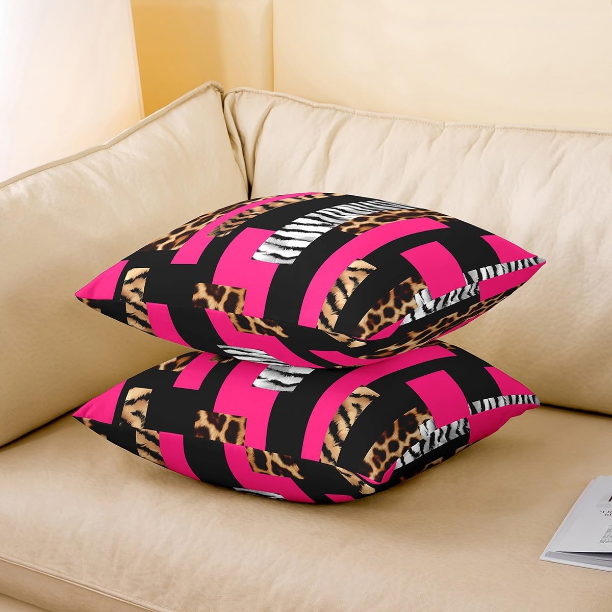 Feelyou Leopard Reversible Throw Pillow Covers for Kids Boys Girls Cheetah Hot Pink Black Pillow Covers Home Decor 24 x 24-Inch Animal Fur Print Square Cushion Covers Set of 1 Decor Safari Zebra