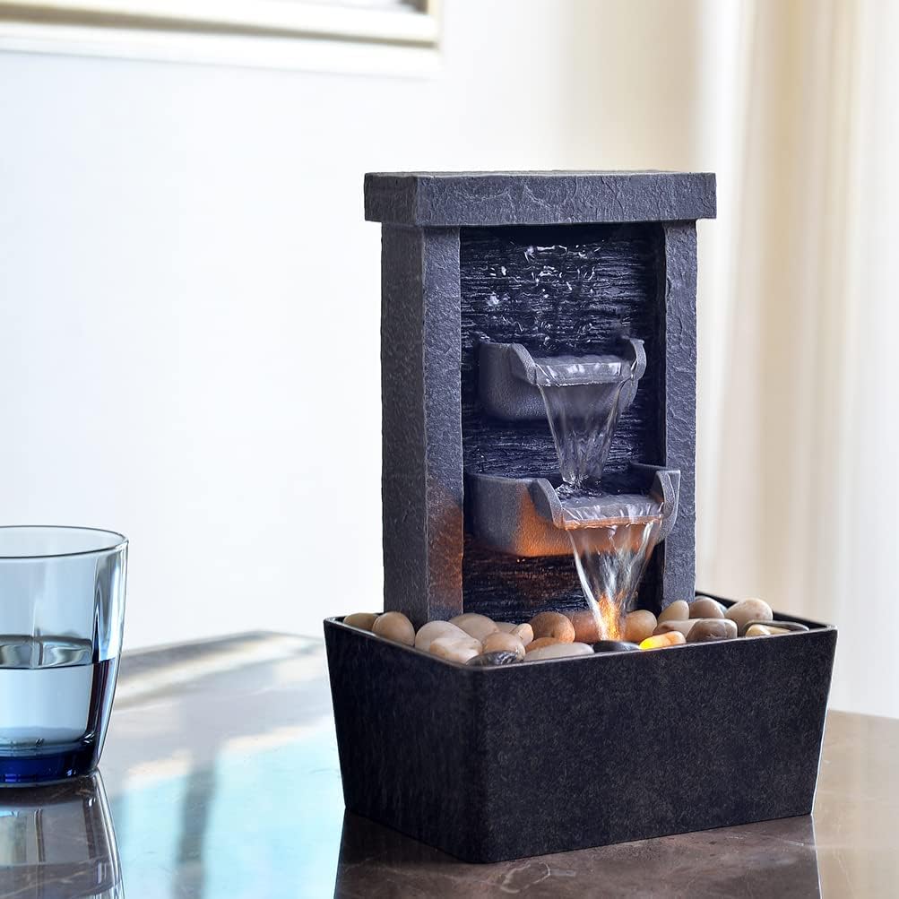 GOSSI Indoor Tabletop Fountain Combo - Waterfall Fountain & 2-Tiered Bowl Water Fountain