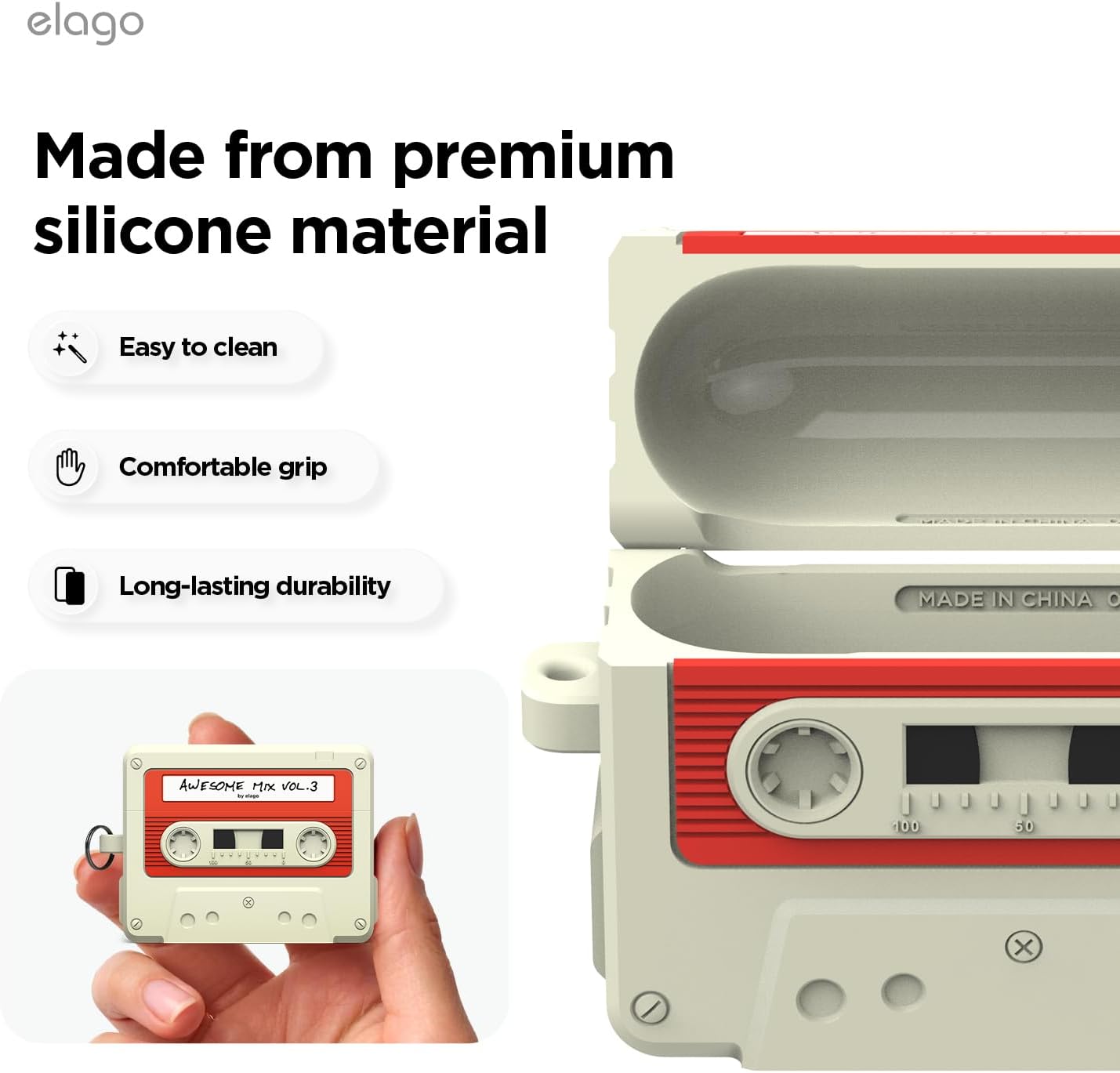 elago Cassette Tape Case Compatible with AirPods Pro 3 Case - Carabiner Included, Supports Wireless Charging, Shock Resistant, Full Protection, Headphone Accessories, for Men, for Women