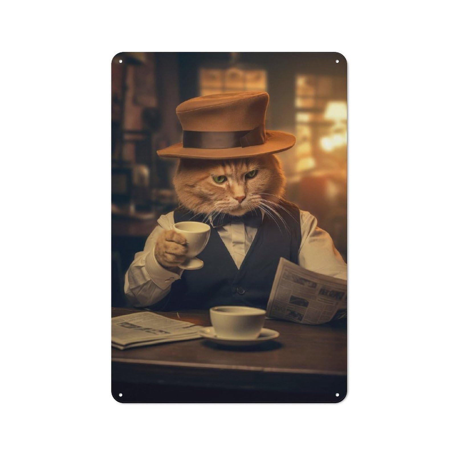 Funny Cat Coffee Newspaper Clean Industrial Metal Wall Decor 30x20cm, Decorative Metal Plaque for Workspace, Cafe, Hallway Or Garage