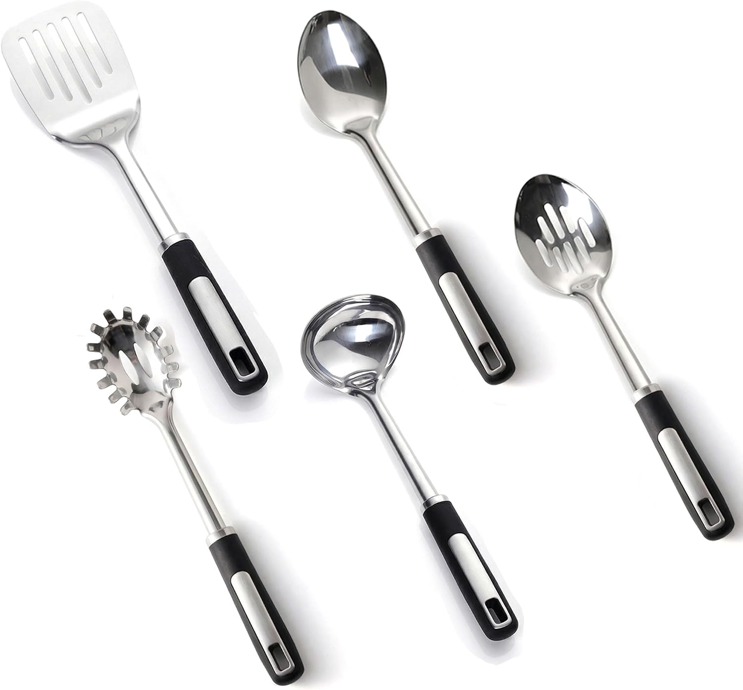 Stainless Steel Cooking Utensils Set with Ergonomic Handles.5-Piece | Includes a ladle, pasta server, turner, serving spoon and slotted spoon for versatile meal preparation.