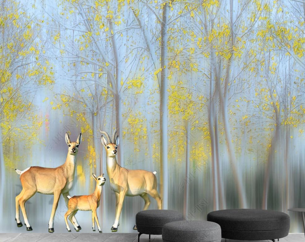 Papier Peint Intissé Grand Arbre Cerf Peinture à l'Huile Poster Mural Salon 150x105 cm