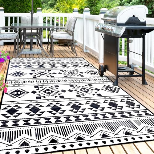 Waterproof Outdoor Rug 5x8ft, Bohemia Reversible Plastic Straw Mat for Patio RV Deck Porch Backyard Balcony Camping Picnic Beach Indoor Outdoor Carpet, Black&White Bohemia (Black&white) 5 x