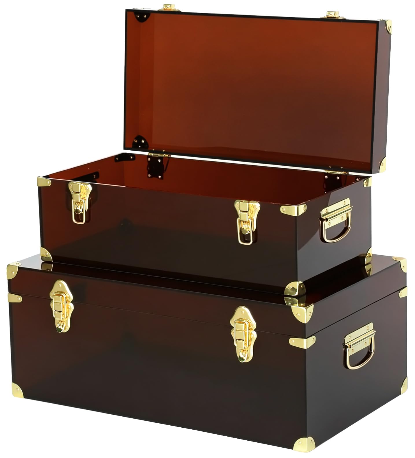 Vixdonos Acrylic Storage Chest Decorative Trunk Set of 2 Keepsake Box College Dorm Organizer with Hardware Hasps and Handle for Home Deocr,23.7X14.2X9.5 Inches,Brown