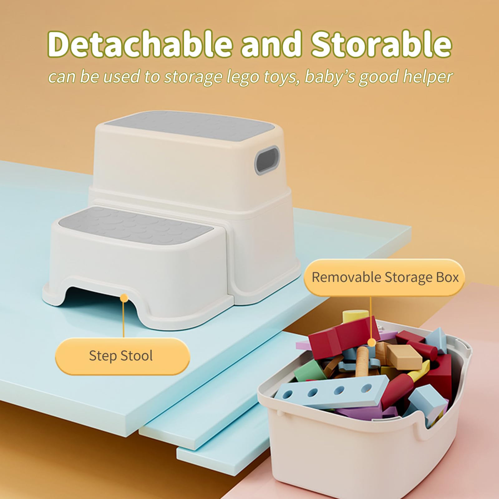 2 Step Stool for Kids, Anti-Slip Toddler Step Stool Toilet Potty Training Stool with Handles, Non-Slip Two Step Stool Hepler for Bathroom, Kitchen, Bedroom, Living Room (2pack Grey)