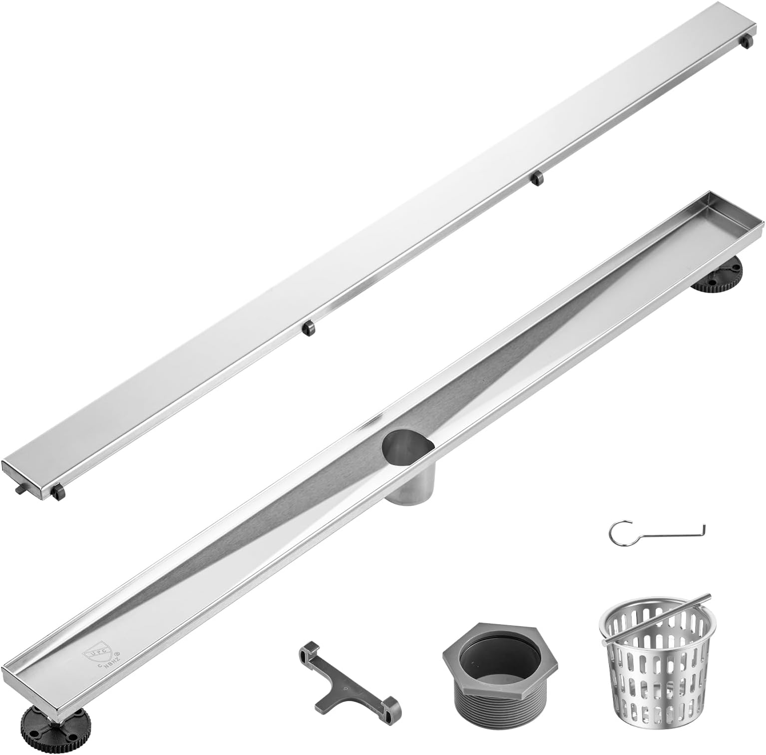 VEVOR 914mm Linear Shower Drain Offset with Tile Insert Cover,Brushed 304 Stainless Steel Rectangle Shower Floor Drain,Linear Drain with Leveling Feet,Hair Strainer Silver
