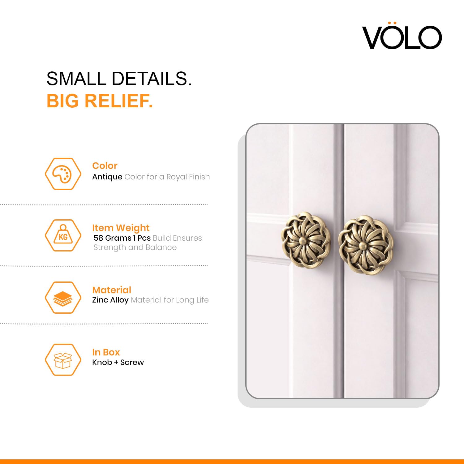 VOLO Antique Brass Cabinet Knob Handle β Premium Drawer Knob for Wardrobe Kitchen Cabinets and Furniture, Decorative Knob Handle Pack of 2 1