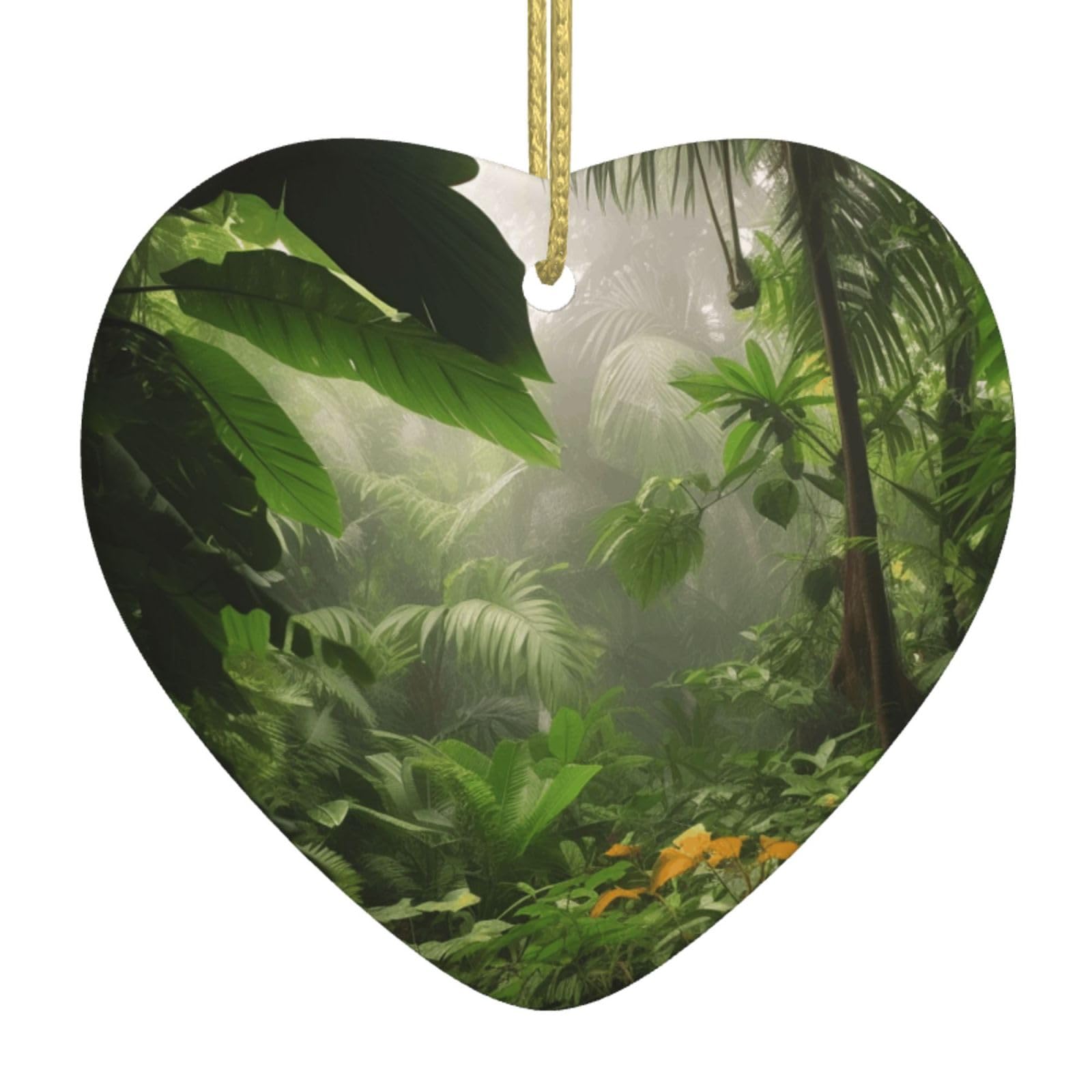 Ceramic Christmas Tree Hanging Ornaments with Gold Ropes Christmas Tree Decorations Heart Ceramic Tropical Rainforest Jungle Scene Pendant Keepsake Decorations for Holiday Xmas Gift Ideas