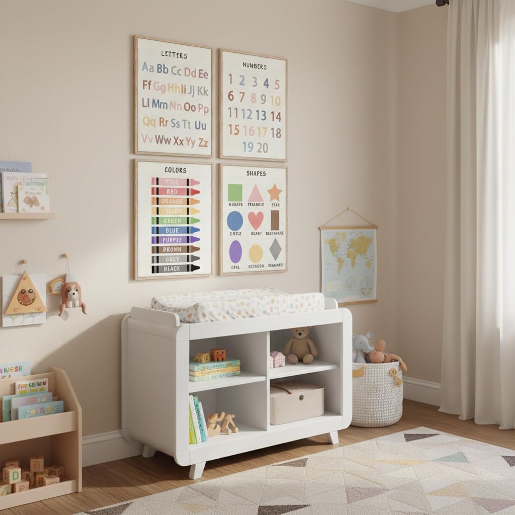 ZPJLRFC 4Pcs Nursery Classroom Canvas Wall Art Educational Preschool Learning Posters Artwork Shapes Colors Numbers Alphabet Painting Pictures Wall Decor for Playroom Home Decoration 12x16in Unframed