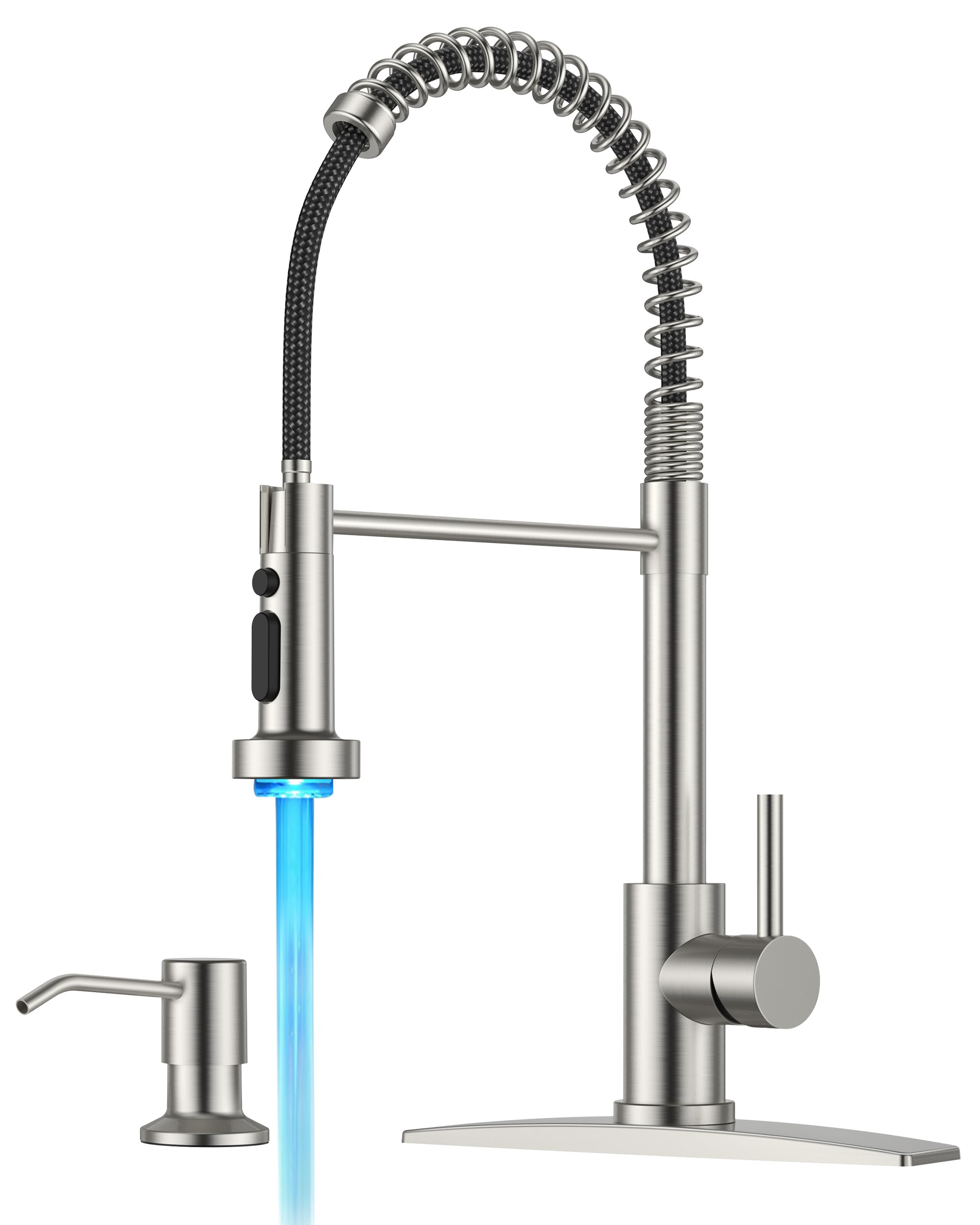 FORIOUS LED Kitchen Faucet with Soap Dispenser, Brushed Nickel Stainless Steel Traditional Spring Commercial Pull Out Sink Faucet with Pull Down