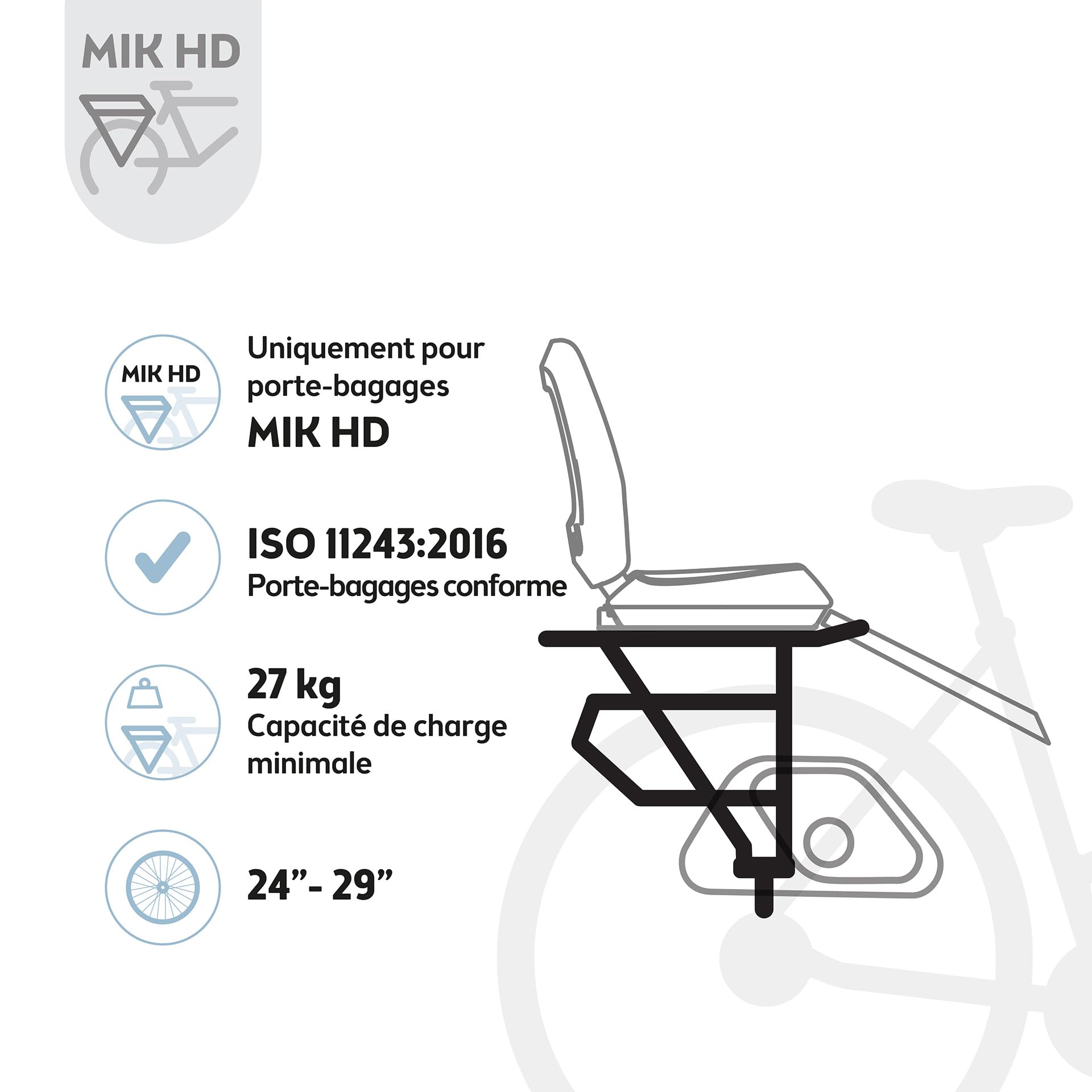 BOBIKE 8011900001 - Siège Vélo Arrière pour Porta-Bagages MIK-HD One Junior, pour Enfants de 6 Ans et Plus Jusqu’à 27 kg, Sécurité Renforcée, Repose-Pieds Réglables et Design Compact, Noir