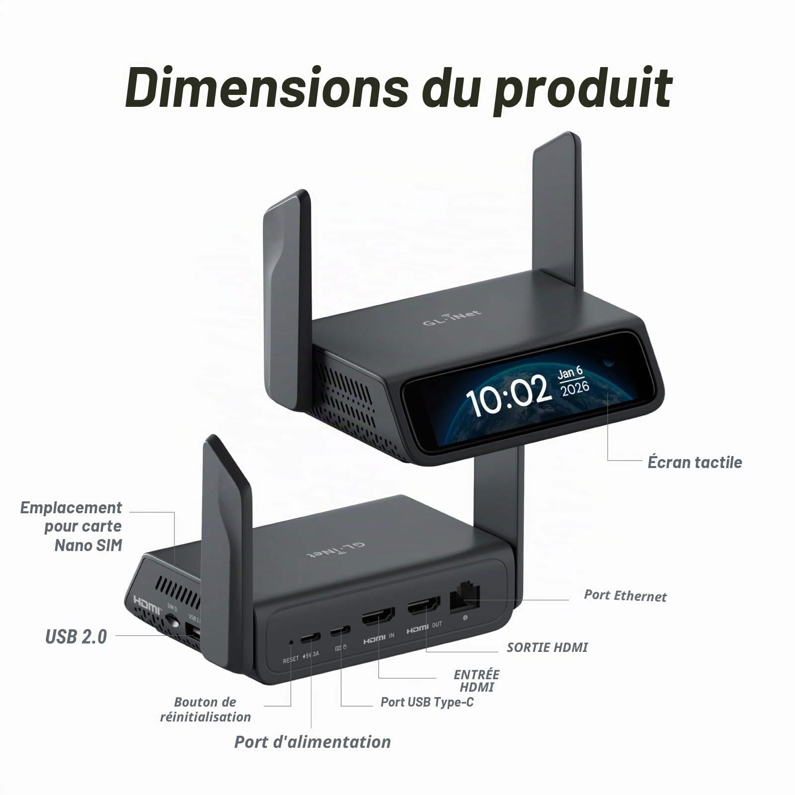 GL.iNet Comet 5G Redcap GL-RM10RC Remote KVM 4K HDMI écran Tactile Wi-FI 6 | KVM distant 5G RedCap avec failover Multi-WAN, écran tactile 3,69", eMMC OS 64Go, encodage H.264 4K faible latence