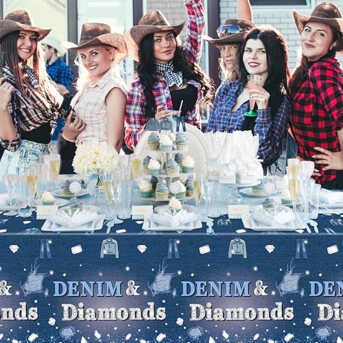 Image of K1tpde Denim & Diamonds Party Tablecloth - 3PCS Denim Themed Blue Jacket Jeans Plastic Tablecloth, Disposable Jeans Tablecover for Adult, Crystal Birthday Party Supplies for Bachelorette Wedding Decor