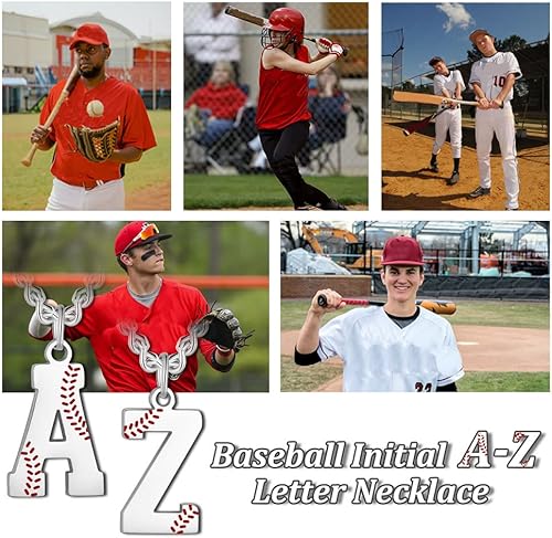 Miniatura 5 de AIAINAGI Collar de béisbol con letra A-Z para niños, dije de béisbol de acero inoxidable, cadena de plata de 22 pulgadas, regalo de béisbol