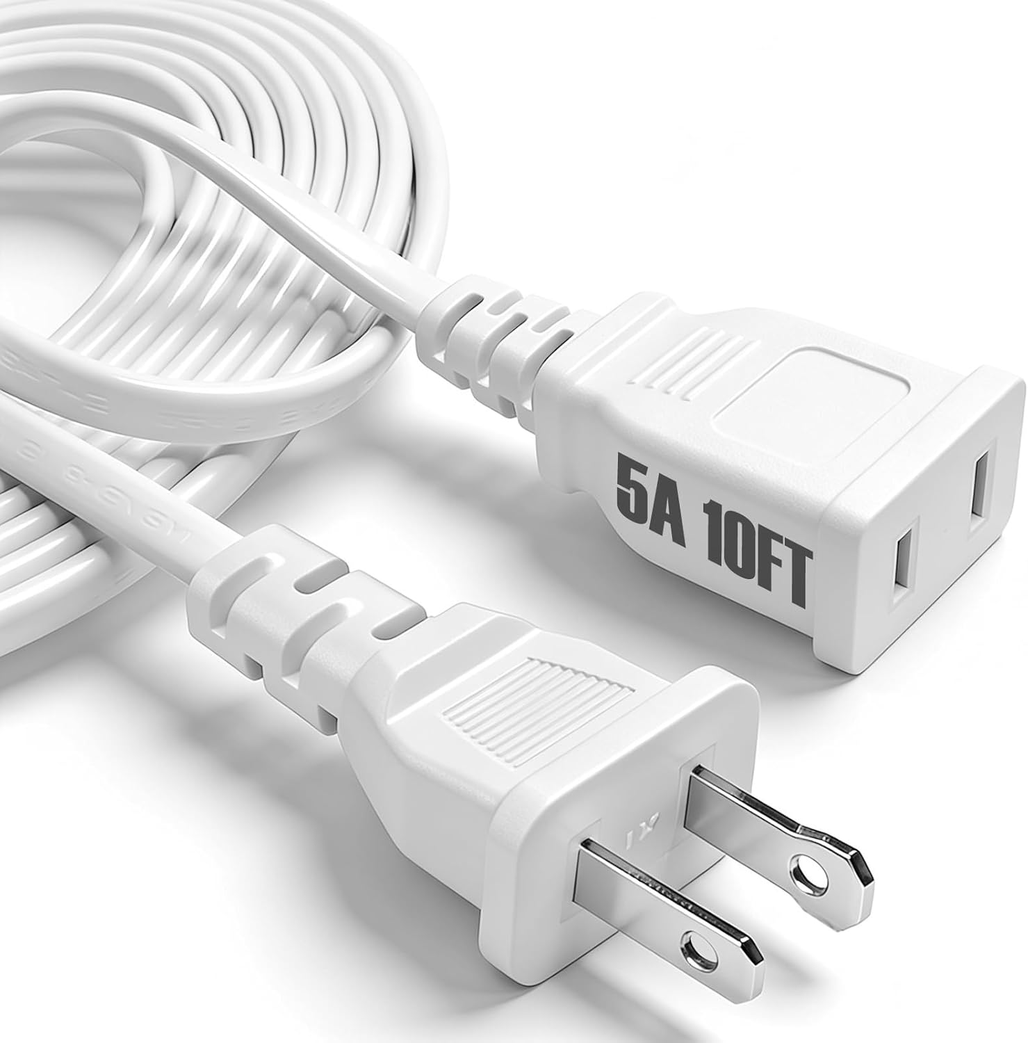10 Feet White Slim Extension Cord Thin Design 5A 625W 2 Prong Polarized Extension Cord Male to Female, Single Outlet for Lamps, Indoor Small Devices & Holiday Lights（1 Pack）