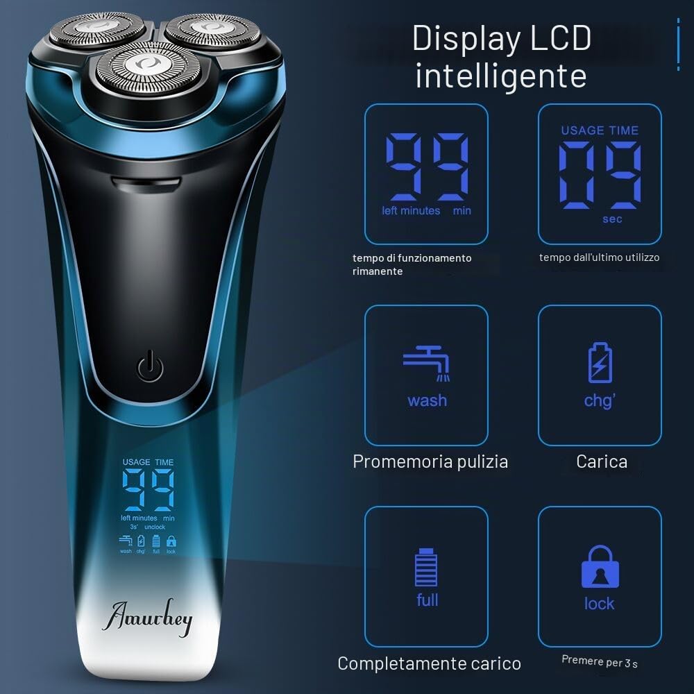 Rasoio Elettrico Wet & Dry a 3 Lame di Ricambio, Rasoio Elettrico Barba Uomo Ricaricabile Rasoio Barba Impermeabile Display LED, Lame Flessibili, Custodia da Viaggio