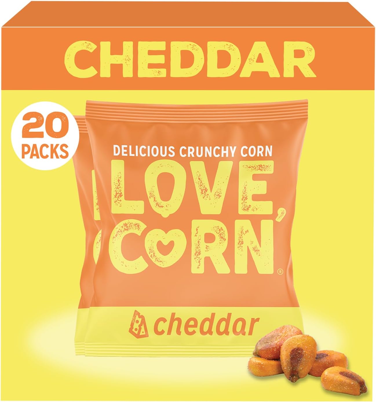LOVE CORN Cheddar – Crunchy Roasted Corn Snack, Gluten Free, Non-GMO, Vegan – Lunchbox, Office & On-the-Go Snacks, Alternative to Chips & Crackers – Family Size, 0.7oz × 20 Bags