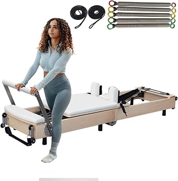 Reformer Pilates Machine,Wood Foldable Pilates Reformer Machine Portable Pilates at Home Gym Equipment for Women with Double Resistance Spring