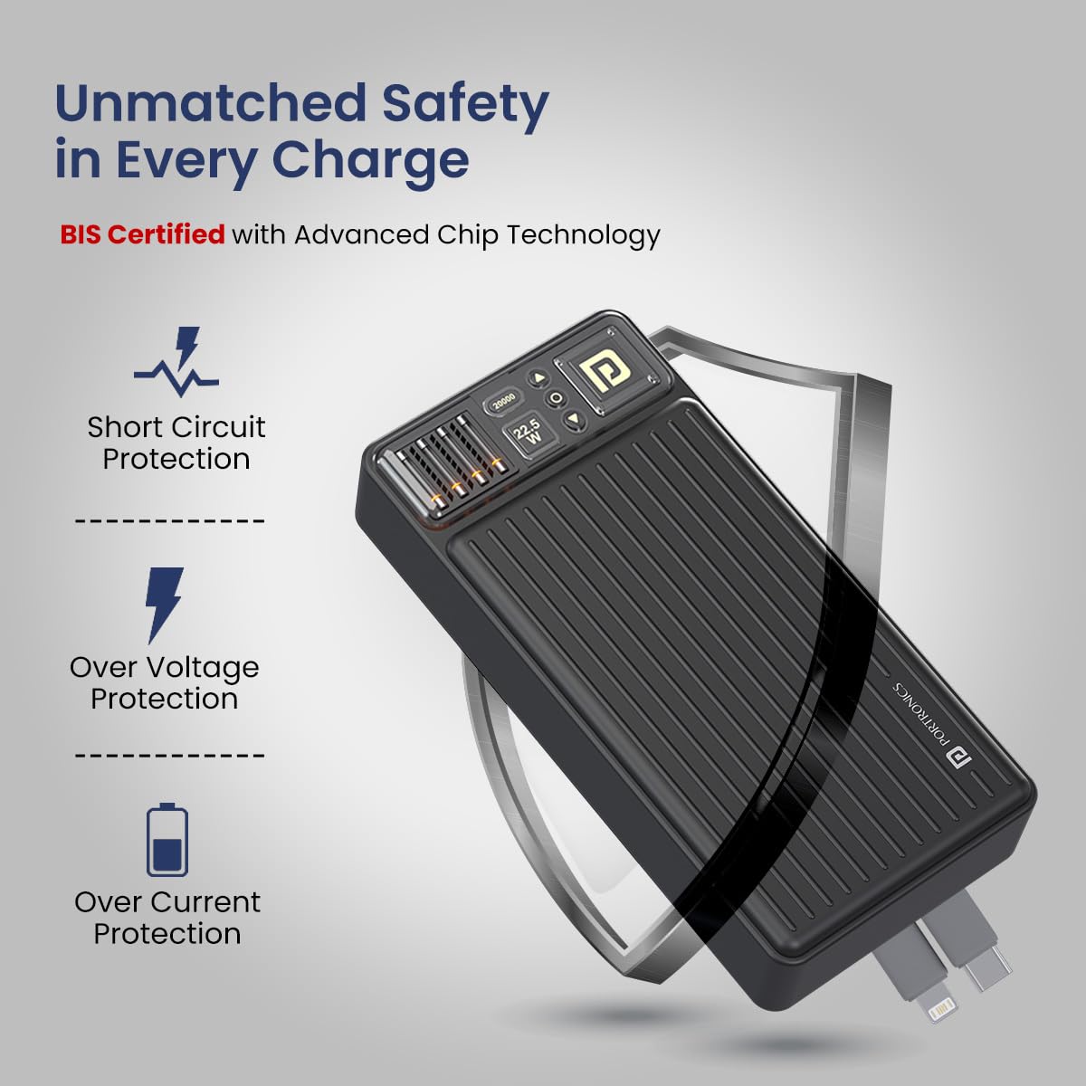 Portronics Luxcell Bind 20k 20000mAh Powerbank with 22.5W Fast Charging, in-Built Type C PD(Input & Output) /8 Pin Cable, LED Indicator, USB-A Mach Output, Compatible with Smartphones,Tablets(Black) — Amazon image 5
