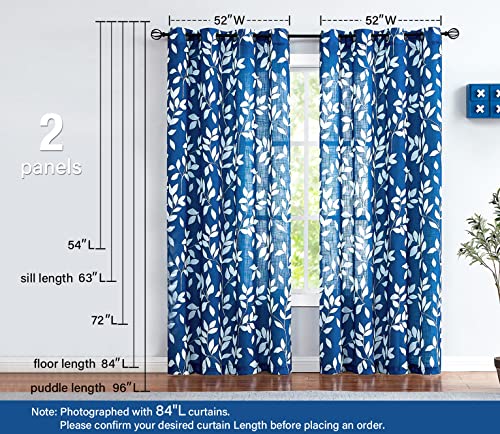 Image of Treatmentex White and Blue Curtains for Bedroom 84 inch Length Semi-Sheer Print Leaf Curtains for Living Room Windows, Deep Blue Grommet Top, 2 Pack