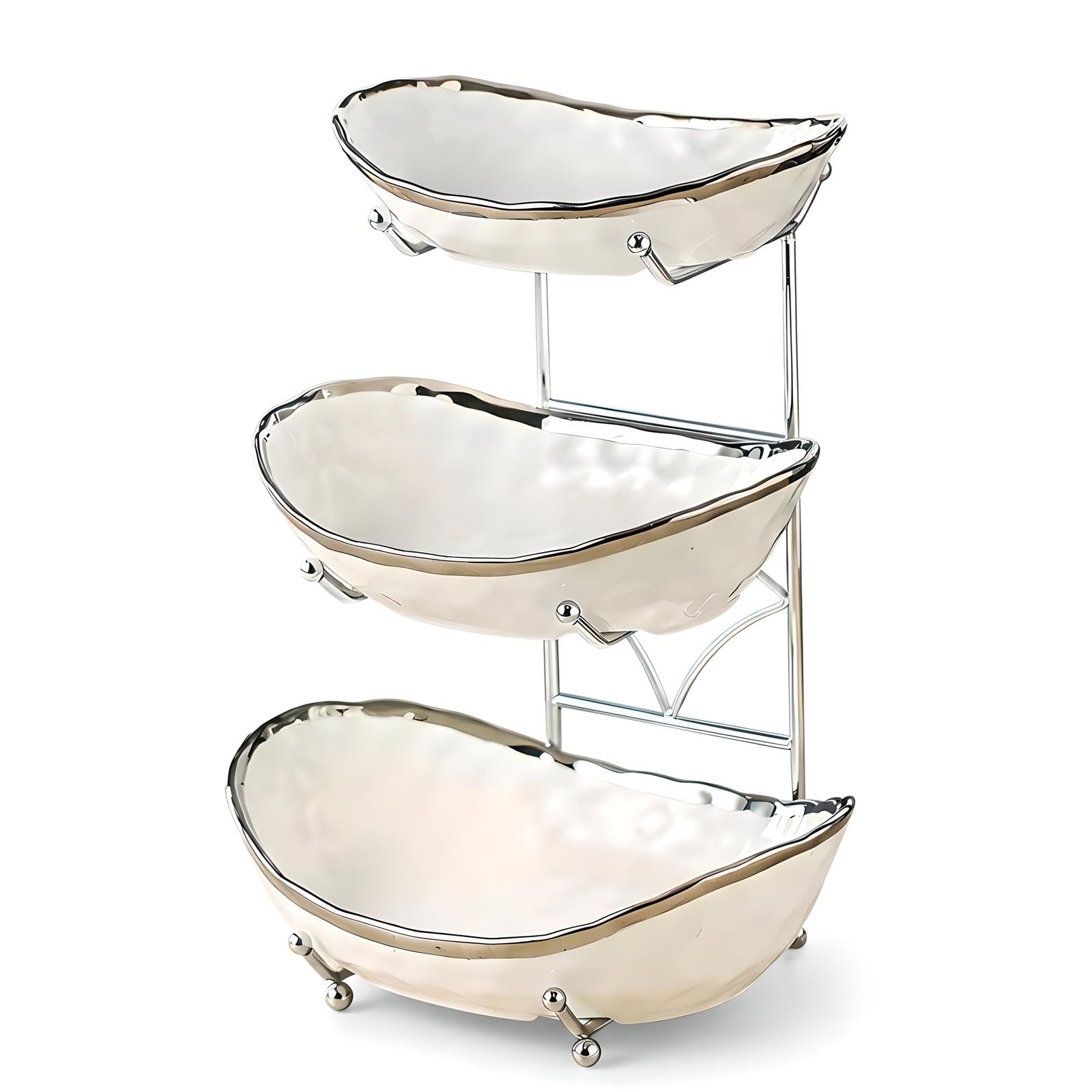 OUAYEMEL 3 Tier Ceramic Fruit Bowl with Metal Stand, White B