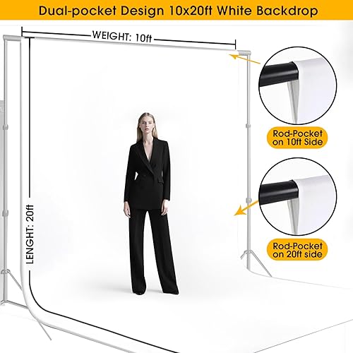 Miniatura 2 de Telón de fondo blanco de 10 x 20 pies para fotografía, diseño de doble bolsillo de doble tamaño para sesión de fotos de retratos, fiestas y video