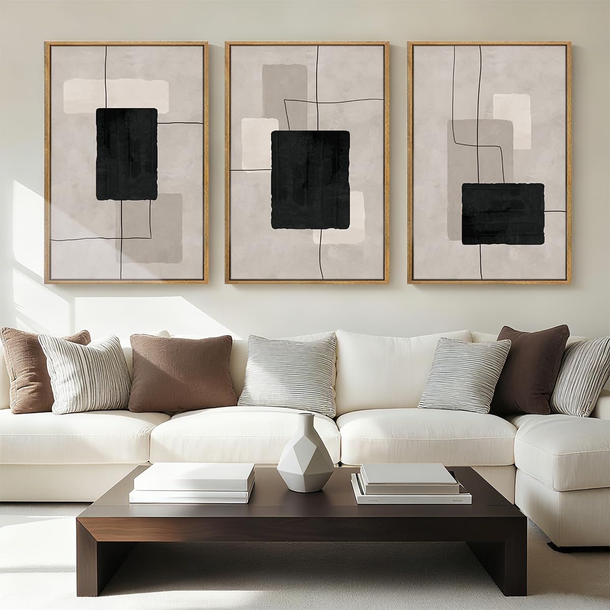 ANHUIB Modern Abstract Wall Art Canvas,Neutral Abstract Wall Art Framed,Contemporary Minimalist Prints,Geometric Line Artwork,3 Piece 16 * 24IN Mid Century Painting for Living Room Bedroom Office