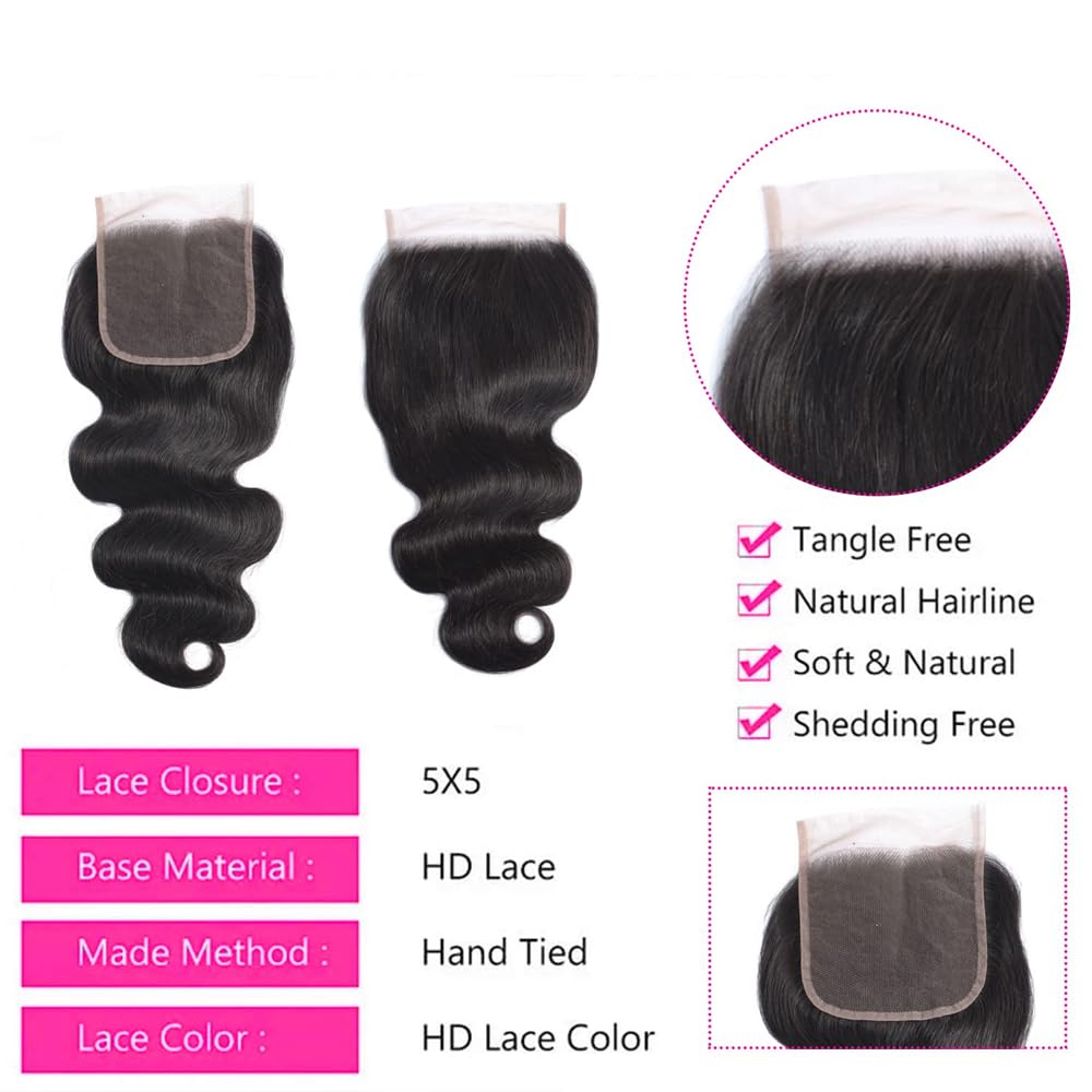 Body Wave HD Lace Closure 5x5 Lace Front Closure With Baby Hair Free Part Pre Plucked Transparent Lace Closure 130% Density 100% Unprocessed Brazilian Virgin Human Hair Extensions 18 Inch