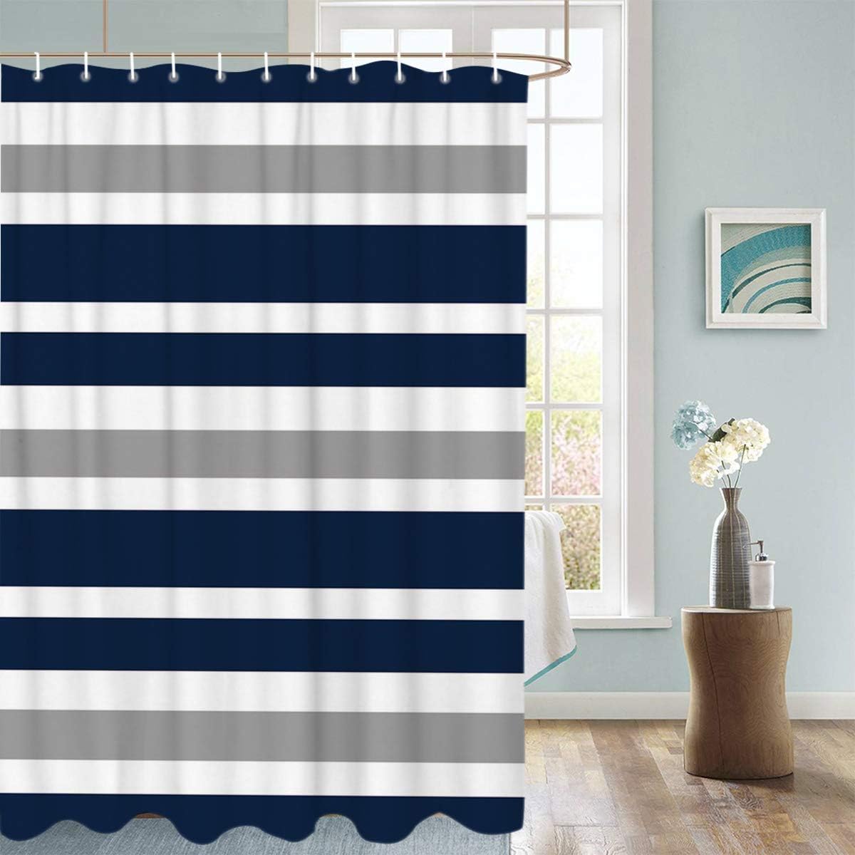 Striped Shower Curtain Navy Blue and Gray, Blue and White