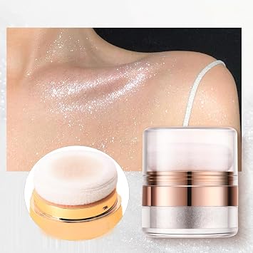 Body Highlighter Powder with Applicator, Glitter Glow Face & Body Illuminator with Sponge for Cheek, Legs 01#