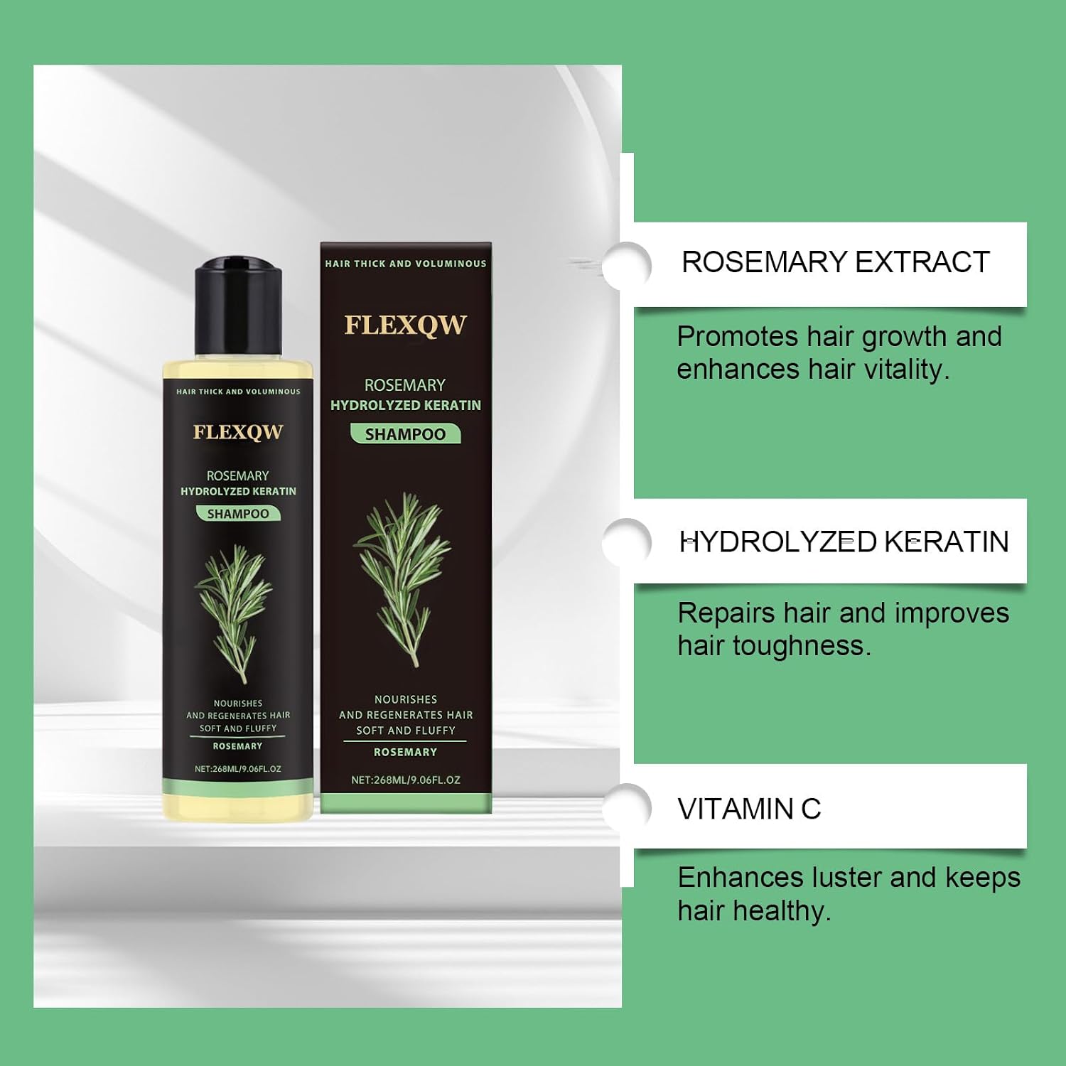 Rosemary Hydrolyzed Keratin Shampoo, Hair Thick and Voluminous, Nourishes and Regenerates Hair, Soft and Fluffy, 268ML/9.06FL OZ (2 Pack)