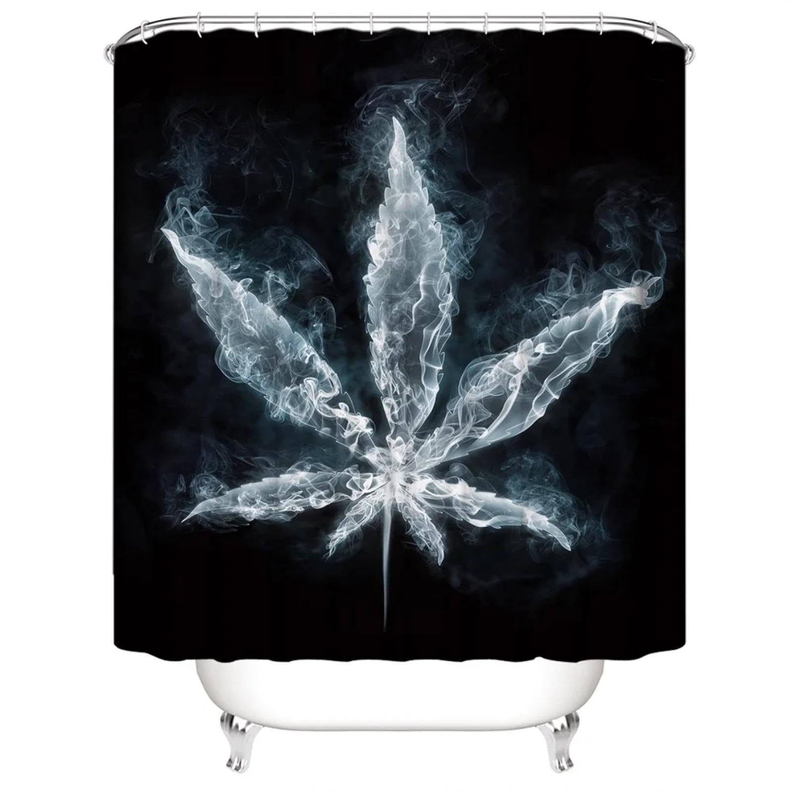 Cortina de ducha en forma de hoja, 220 x 180 cm (ancho x alto), lavable, estampado de hojas, resistente al moho, cortina de baño de tela de poliéster blanco, con 12 ganchos