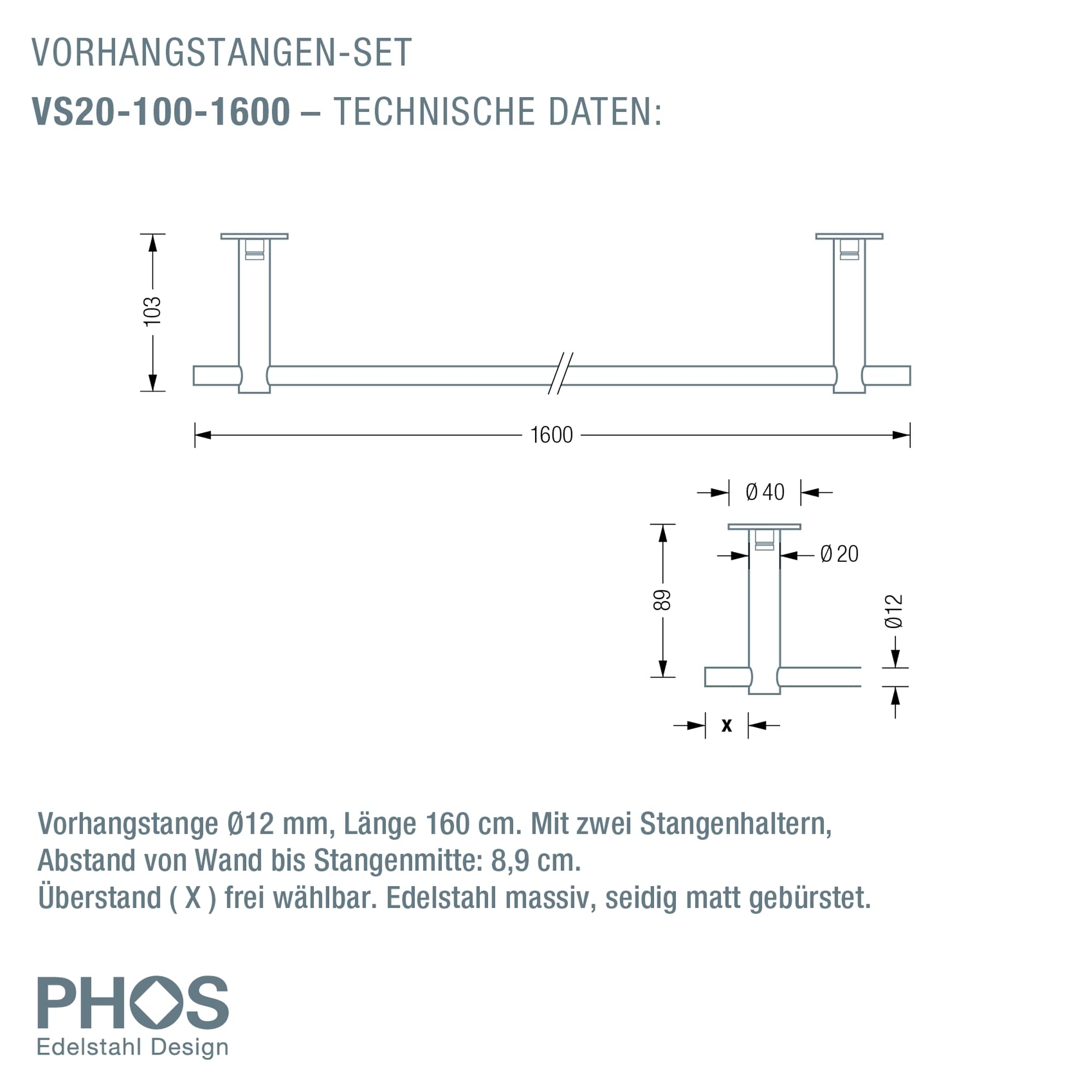 Karnisz 160 cm, masywna stal nierdzewna matowa szczotkowana, drążek Ø 12 mm, karnisz 1-rzędowy, mocowanie ścienne - PHOS Design