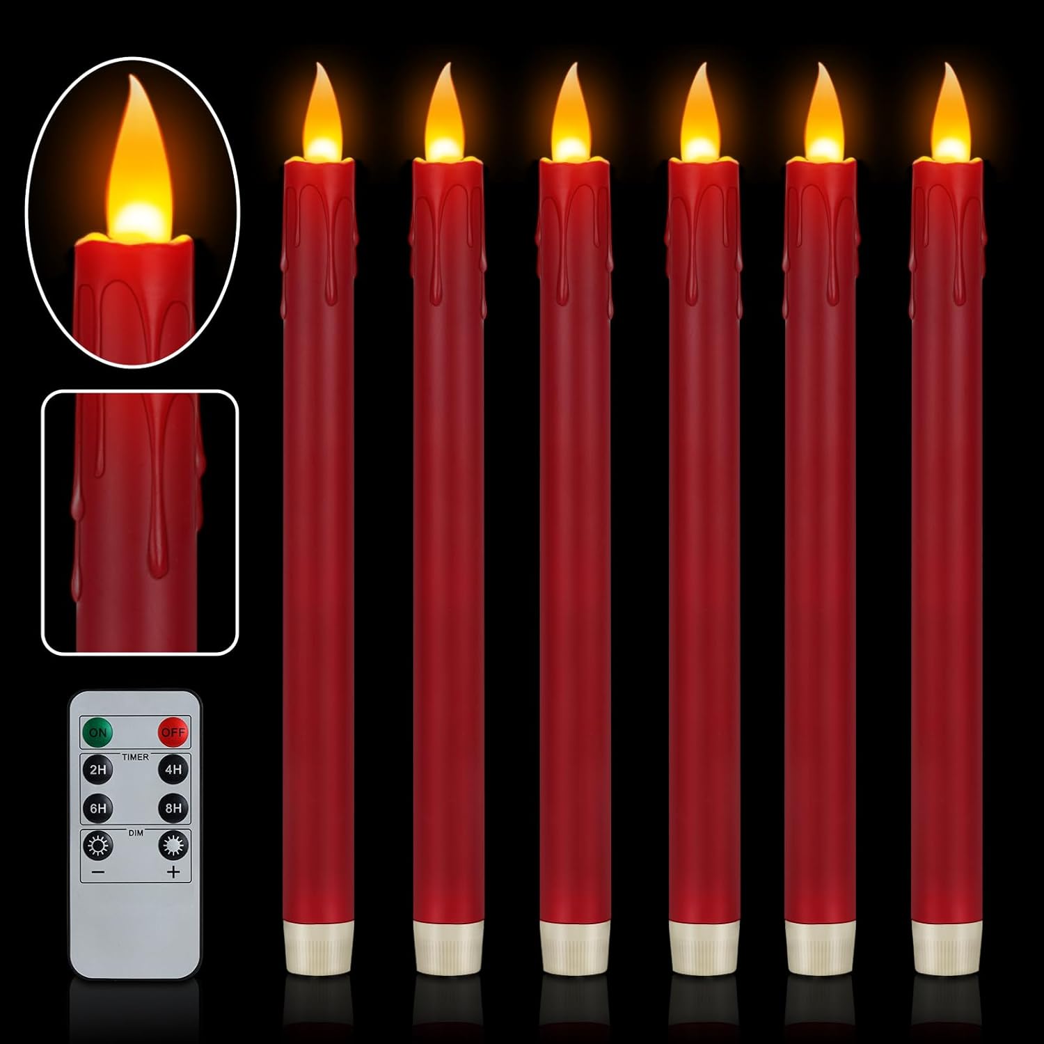 6 Pcs Burgundy Flameless Taper Candles with Remote, 10 White Battery Operated Led Candlesticks with Flickering 3D Flame, Fake Taper Candles for Halloween Anniversaries Dinner Home Décor