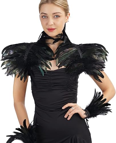 quescu Chal de plumas negras con 2 guantes de plumas para mujer, capa de plumas góticas, disfraz de maléfica para Halloween y cosplay