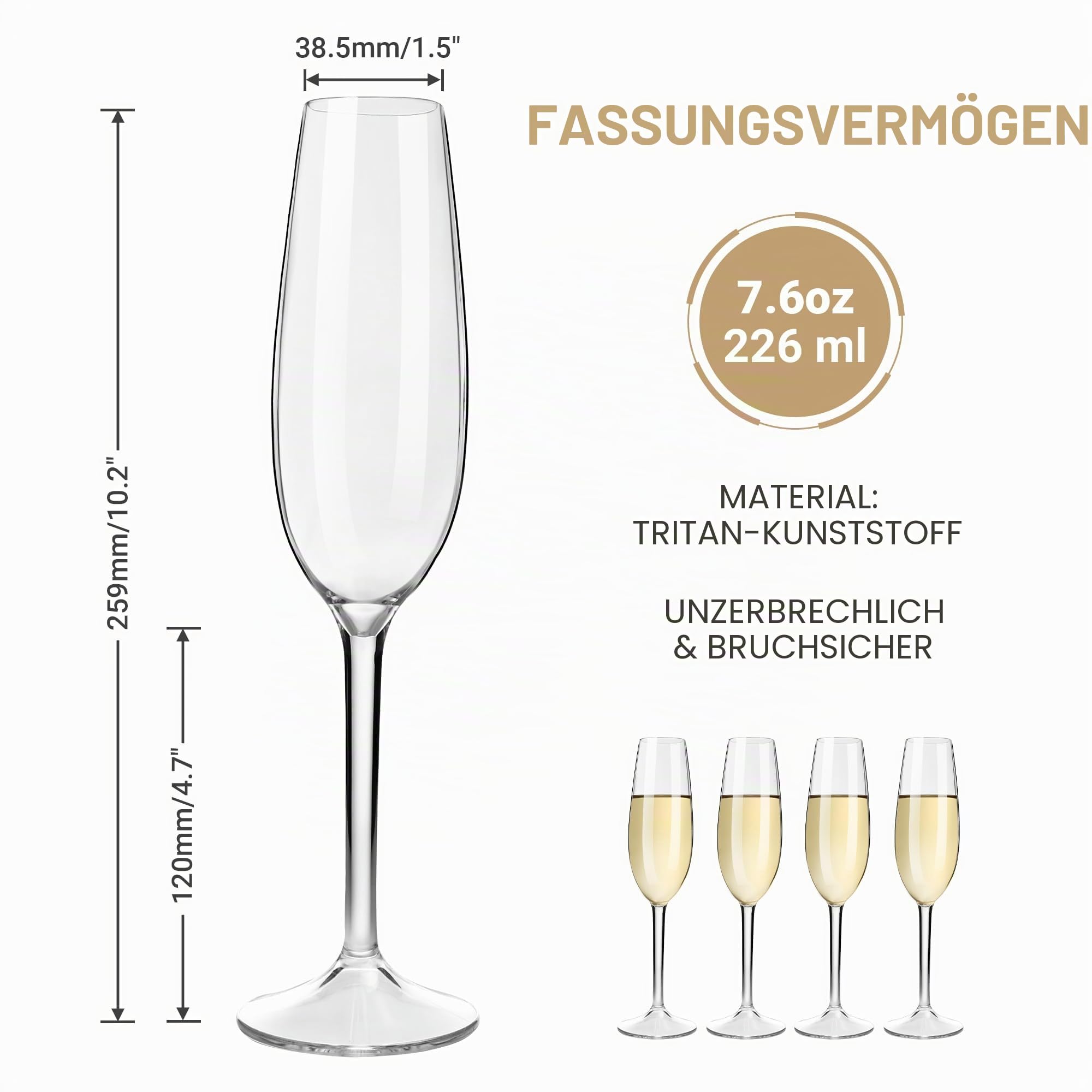 HAHASHOW Unzerbrechlich Tritan-Kunststoff Champagnergläser, Sektgläser, Camping Weingläser, 226ml Sektflöten für Party, Spülmaschinenfest, 4er Set