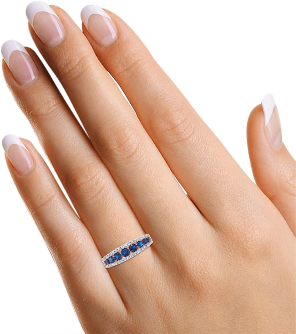 Half Eternity Wedding Band for Women Round Cut Simulated Blue Sapphire And Cubic Zirconia Channel Set Anniversary Stackable Ring in 14k Gold Plated Sterling Silver Jewelry for Her