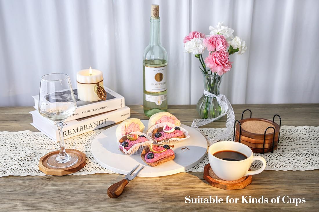 Wood Cork Coasters for Drinks Absorbent with Holder, 4.33in Decagonal Shape Acacia Wood Coaster Set Drink Coasters for Cups, Mugs, and Glasses - Handcrafted, Durable, and Stylish - Image 5