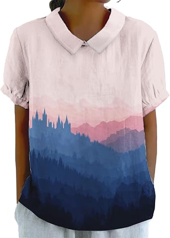 Summer Short Sleeve T-Shirts for Women Collared Neck Casual Light Blouses Natural Landscape Printed Shirt