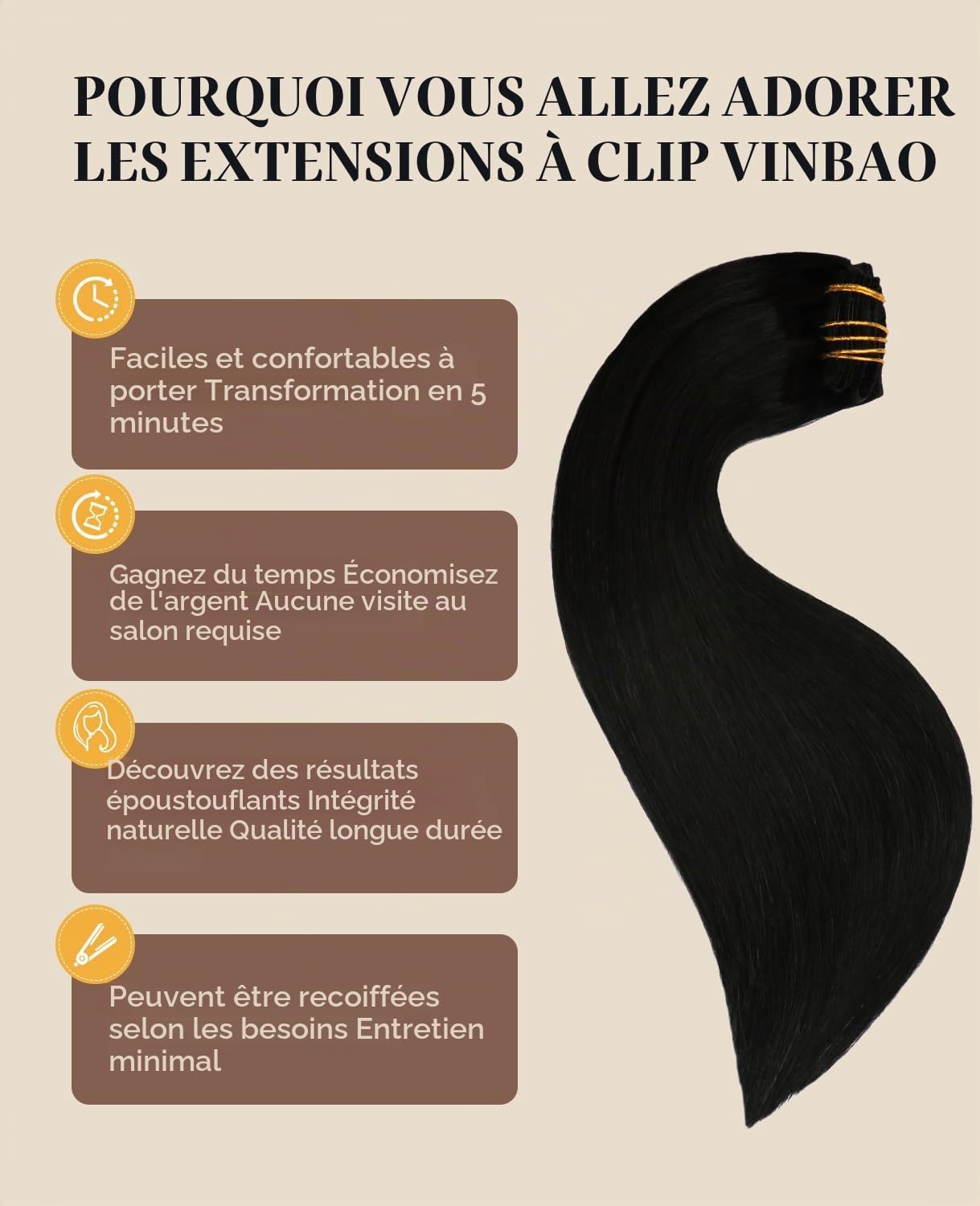 VINBAO Extension de cheveux à clips #1 noir de jais 16 pouces/40cm 100g 6pcs clip extension de cheveux humains remy dans les cheveux humains raides doubles tirés pour les femmes(#1-16pouces)