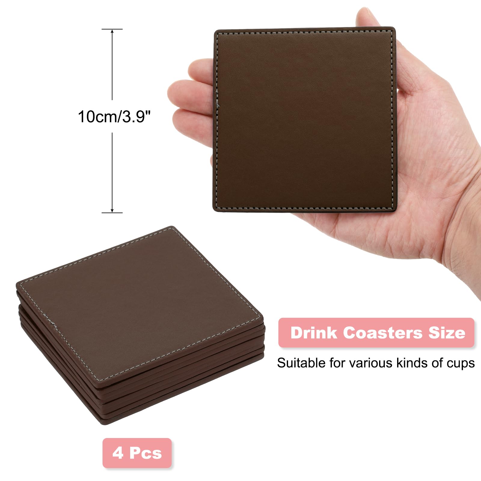uxcell Square Drink Coasters Set of 4 White Stitched Dual Sided Non-Slip Non-Stick Waterproof Leather Coasters for Drinks Coffee Table - Image 2