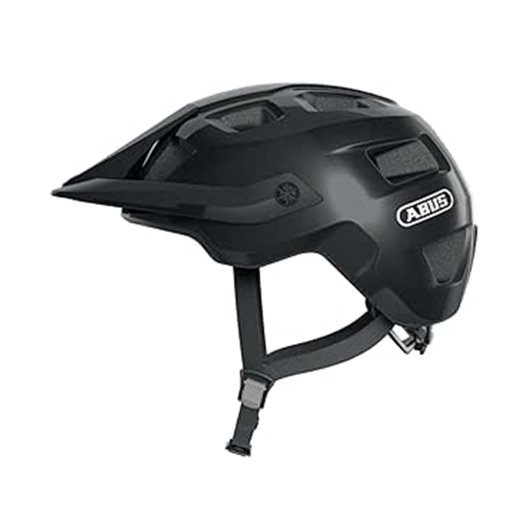 ABUS Kask MTB MoTrip – wytrzymały kask rowerowy z daszkiem z regulacją wysokości dla rowerzystów górskich – indywidualne dopasowanie – unisex – czarny błyszczący, rozmiar L, L (57-61 cm)